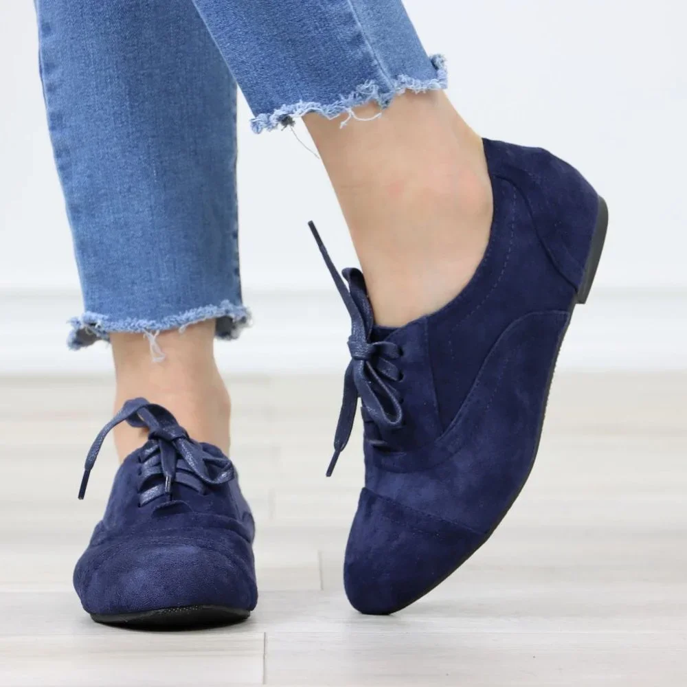Navy Faux Suede Lace up Oxford Style Shoes Flats - Picture 8 of 12